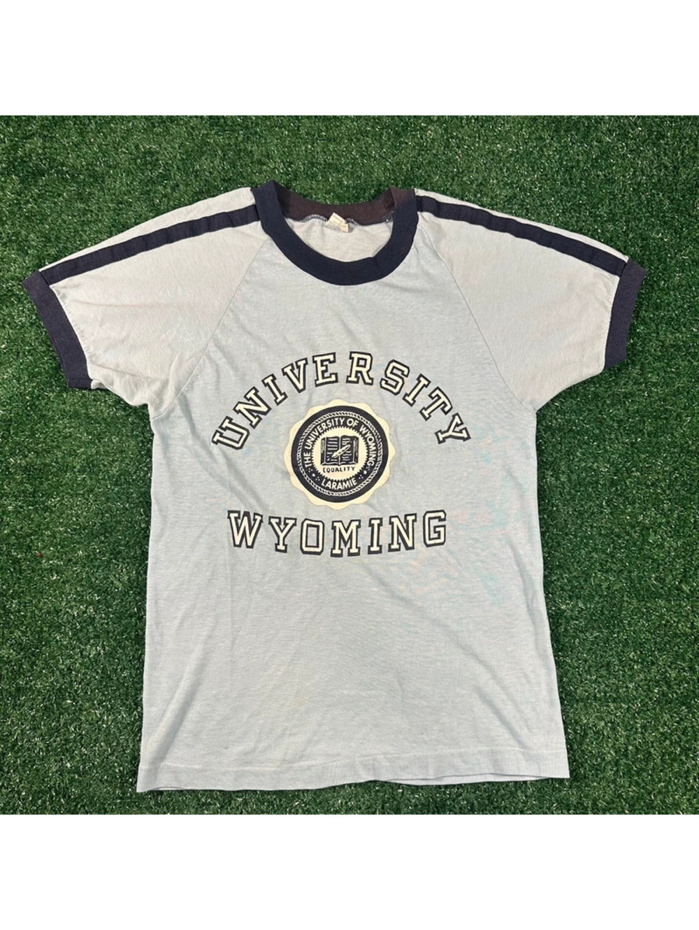Champion 1970s university of Wyoming Blue Bar Ringer single stitch Shirt small